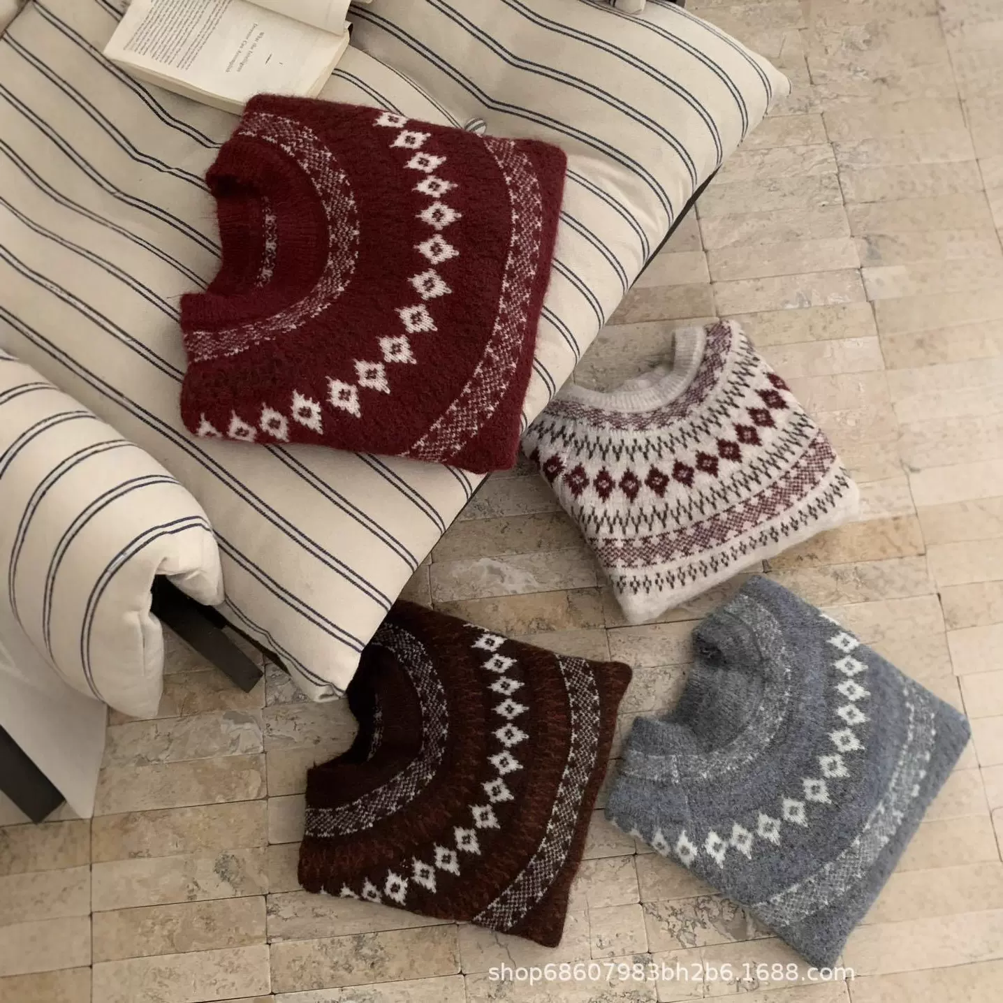 欧货复古费尔岛提花圆领羊毛衫宽松百搭针织女装慵懒加厚外搭毛衣