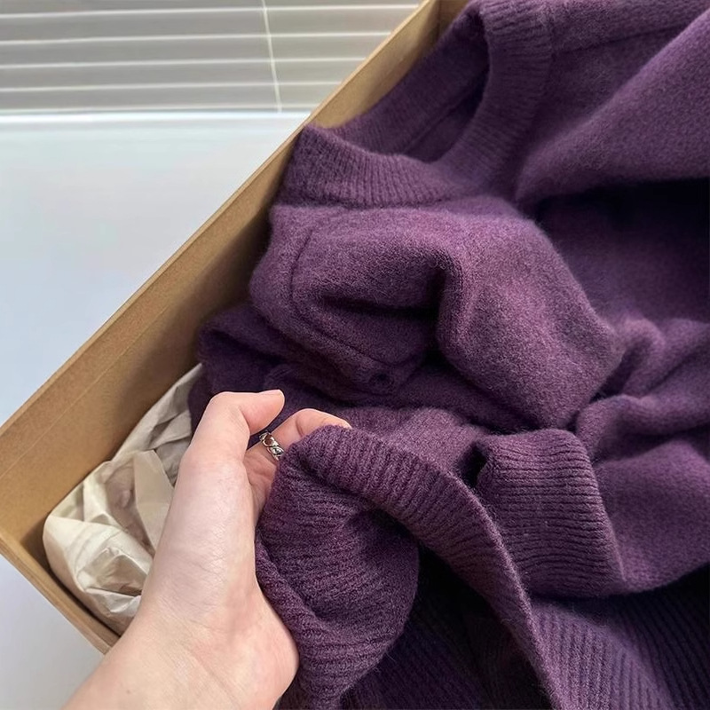 High-grade Elegant White Purple Soft Waxy Sweater Base Shirt Women's Crewneck Pullover Knitted Shirt Casual Top