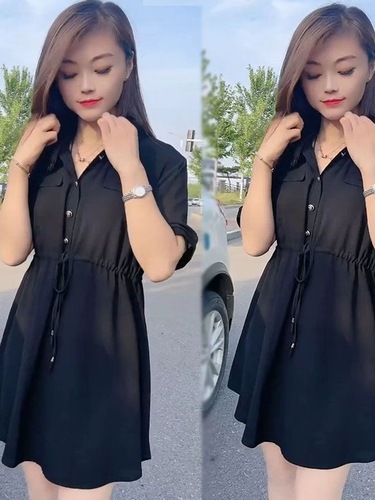 Chic Collared Shirt, Black Mini Skirt, Short-Sleeve, Cinched Waist, Slimming, Forest Style, Outerwear, Loose & Comfortable Dress