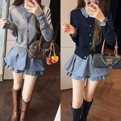 法式灰色拼接长袖针织开衫外套女秋冬季设计感小众外穿木耳边上衣