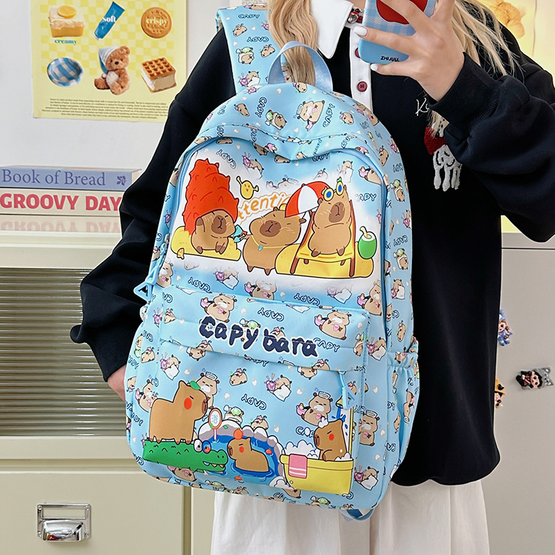 Mochila de dibujos animados lindo para estudiantes de secundaria y secundaria Mochila de mujer con estampado de Kapibala linda y divertida Mochila de gran capacidad de estilo occidental