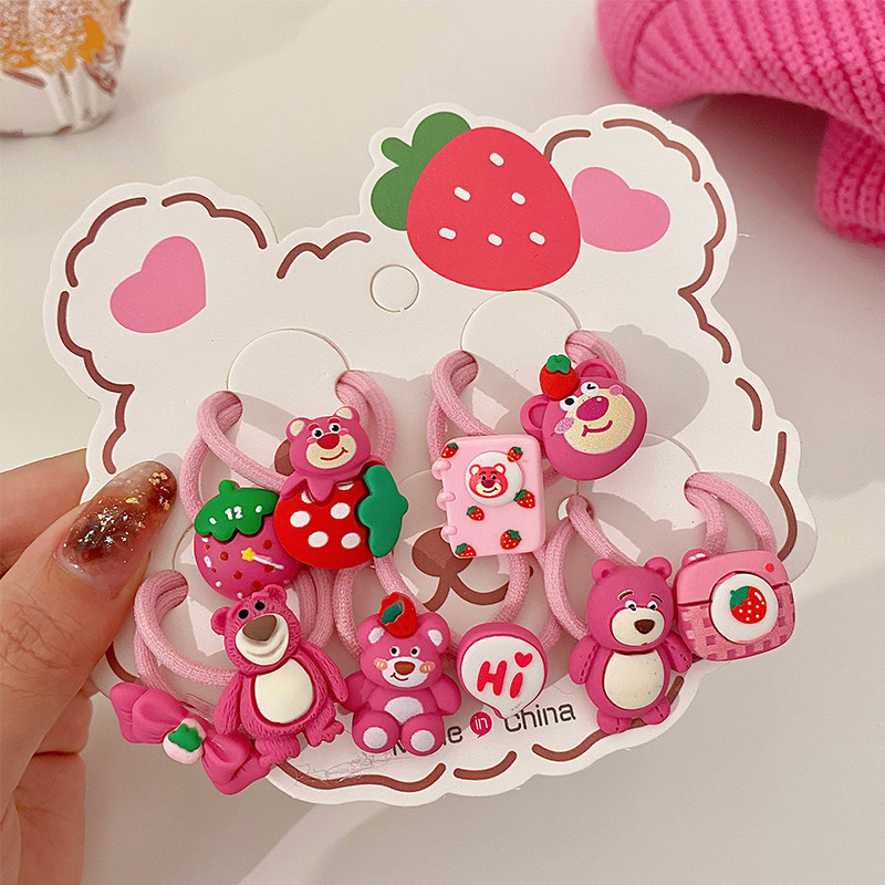 Los niños de dibujos animados de fresa oso cuerda de pelo lindo lazo del pelo banda de goma cuerda de pelo de la niña elástica y no duele accesorios para el cabello