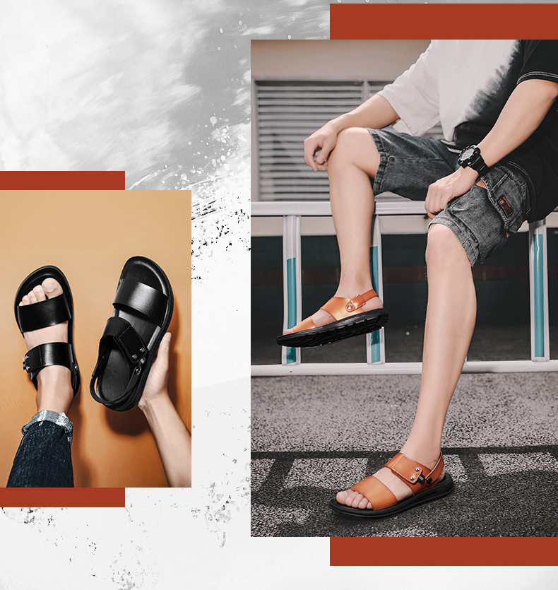 Dép sandal nam cao cấp hở ngón, quai da thoáng khí chống trơn trượt đi biển, đi ngoài trời — Màu xanh đậm trên nền nâu, Nền nâu vàng nâu, Nền nâu, nâu đậm., nền nâu đen chi tiết 4