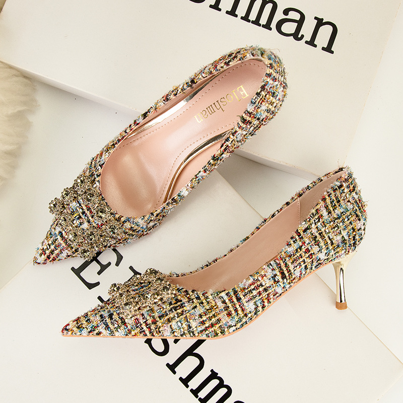 Fashion sexy slim high heels slim heels High heels shallow-cut pointe sparkling rhinester buckle women's single shoes_voghion.com