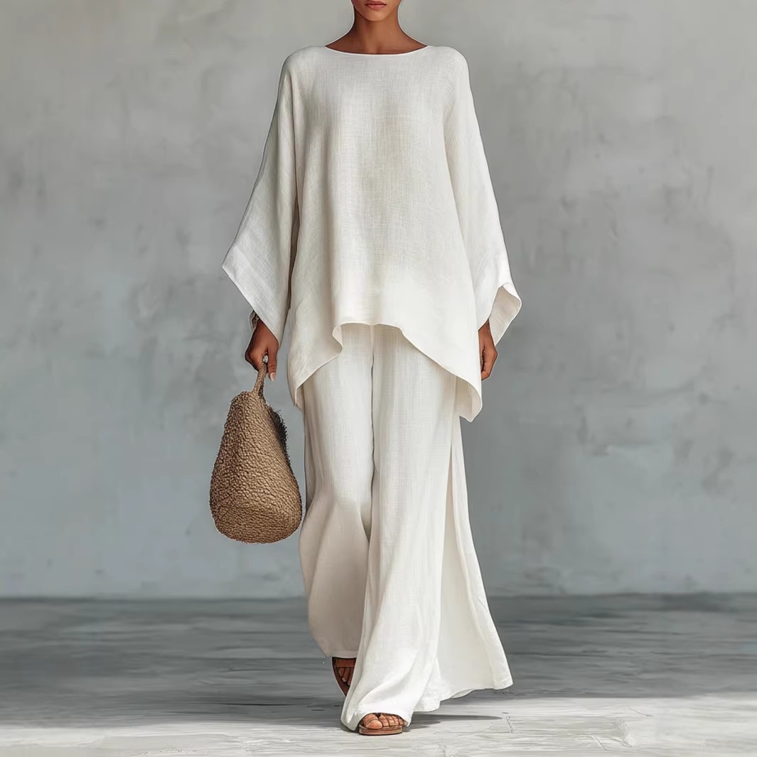 Breathable Linen-Blend Batwing Sleeve Shirt And Wide-Leg Pants Set For Women, Comfortable Office To Casual Wear, Available In Multiple Colors_ecoleips.com