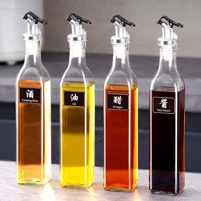 Botella de aceite de vidrio cuadrada actualizada con tapón sellado a prueba de fugas no colgante botella de aceite de cocina salsa de soja frita condimento doméstico