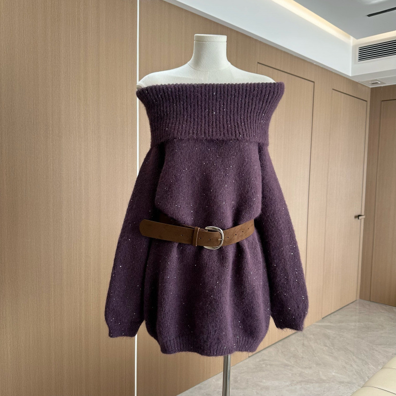 Schnei 2025 Autumn and Winter New Red One-Shoulder Christmas Atmosphere Sequined Off-Shoulder Pullover Sweater Top for Women