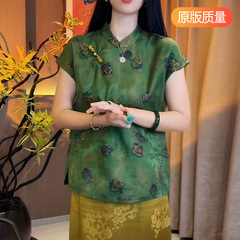 新しい中国風の改良されたチャイナドレストップ女性の半袖夏の新緑の中国風のシャツシルクマルベリーシルクシャツ