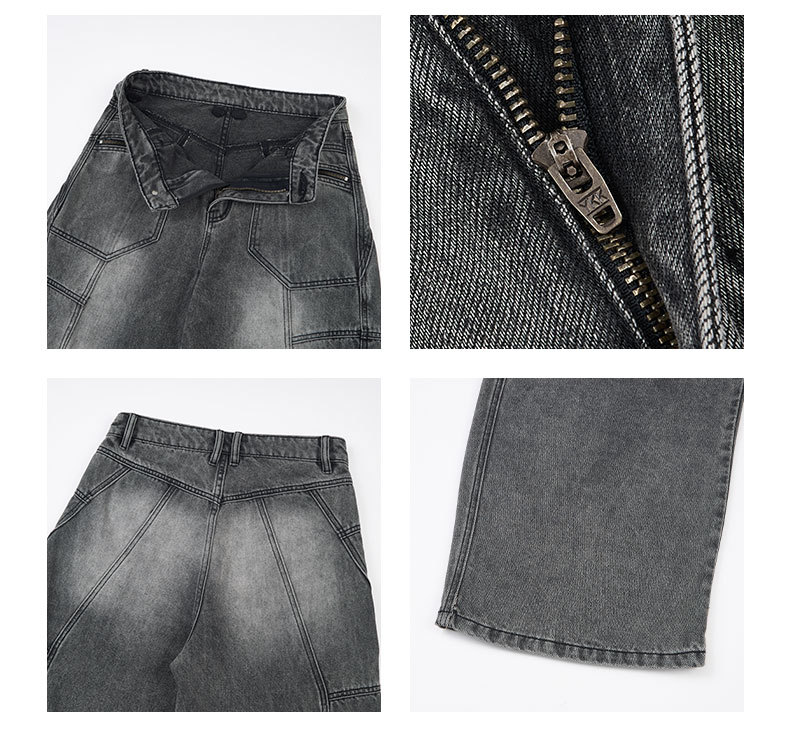 LKTM Men's American Streetwear Zip-Pocket Cargo Denim Pants Relaxed Fit Patchwork Straight-Leg Jeans Unisex_viptrois.com