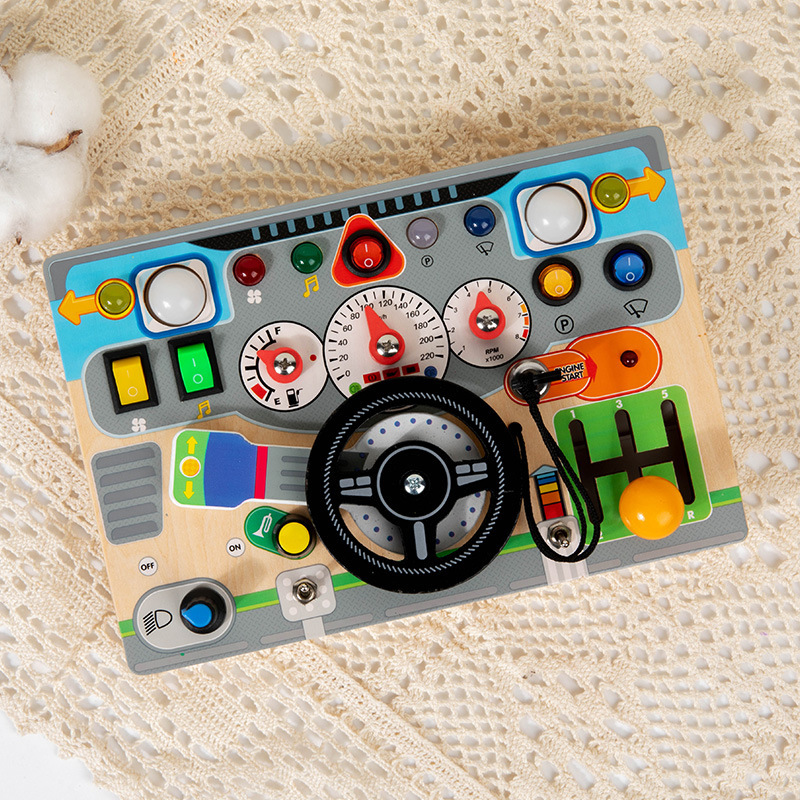 CECPC Montessori Children's Simulated Steering Wheel Busy Board Switch Led Light Busy Board Early Education Educational Wooden Toys