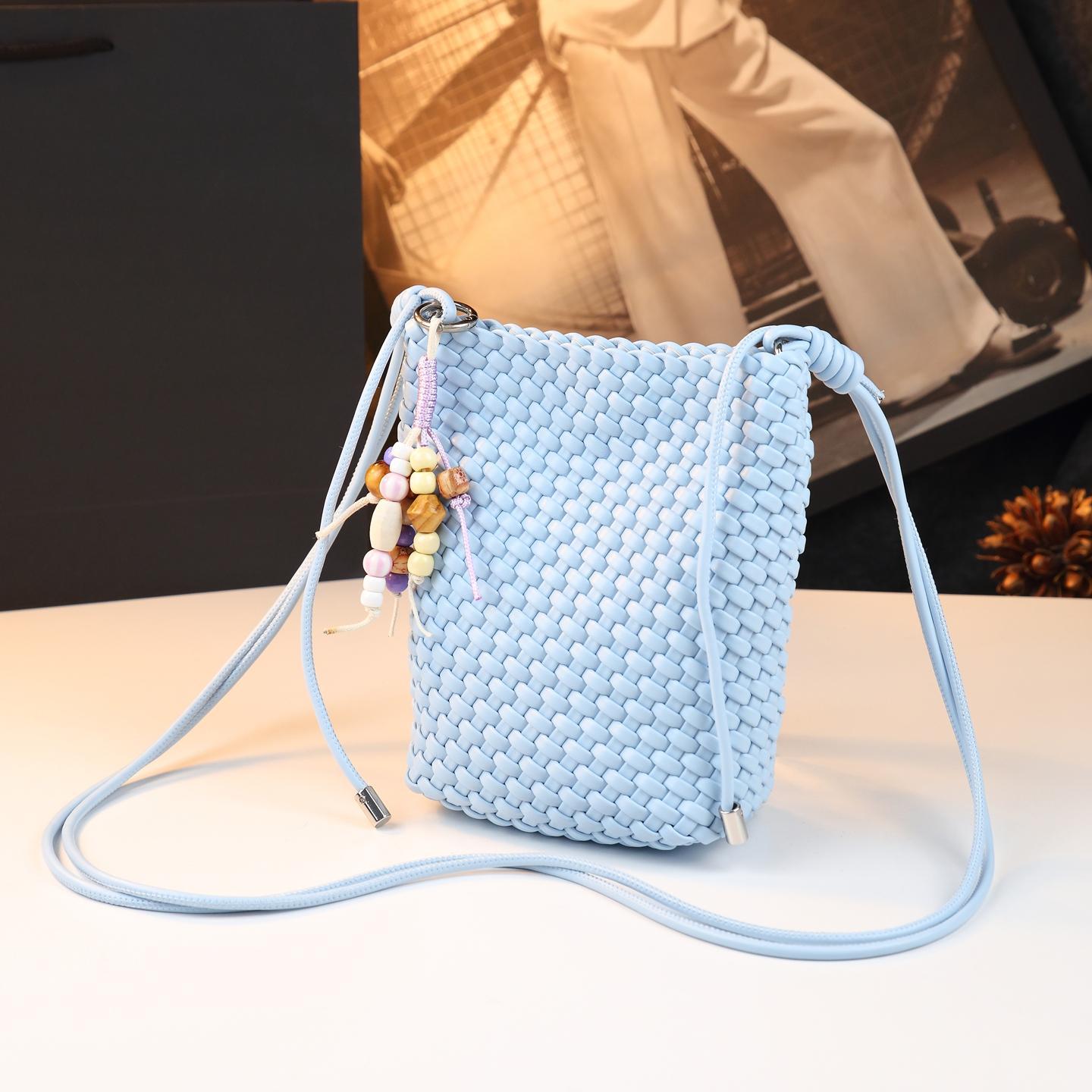 Túi bucket nữ da thật phong cách quý cô, kiểu dáng nhỏ gọn, đeo chéo tiện lợi — màu hồng, Sông băng xanh, Vàng Sâm Banh, Sữa lắc vàng