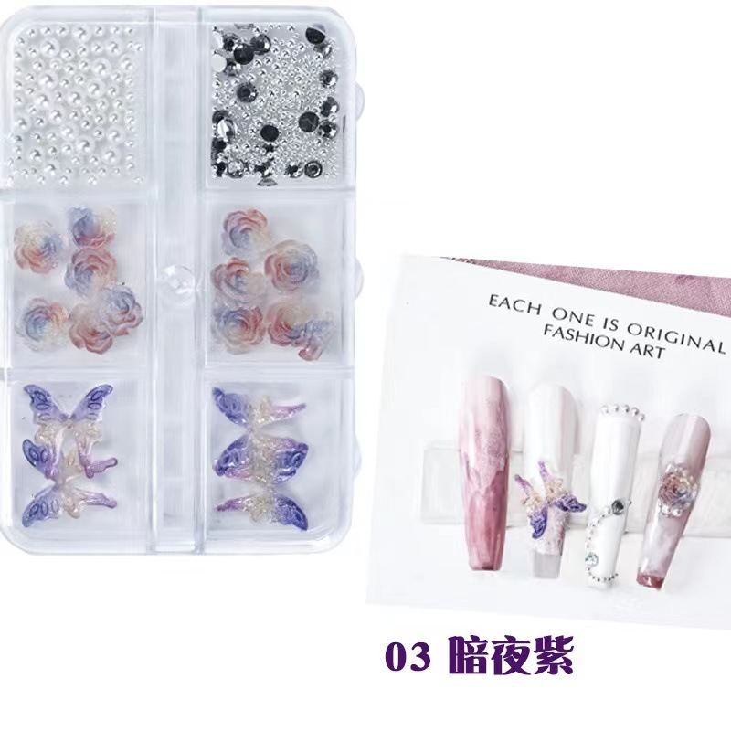 Transfronteriza nueva manicura tridimensional Camelia joyería líquido gradiente mariposa pequeña bola de acero perla mixta accesorios de uñas