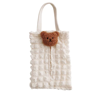 Korean-style cute bear tissue box cover for car seat backs, suitable for babies and children (Car tissue box/set) - off-white-bubble-grid-tissue-holder-with-hanging-loop-coffee-brown-bear
