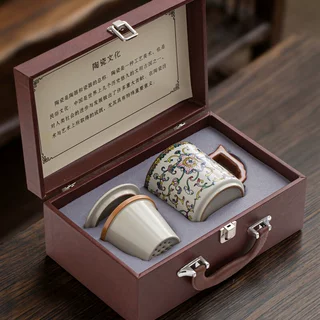 定制汝窑陶瓷喝茶杯复古青花办公杯茶水分离过滤陶瓷杯水杯伴手礼