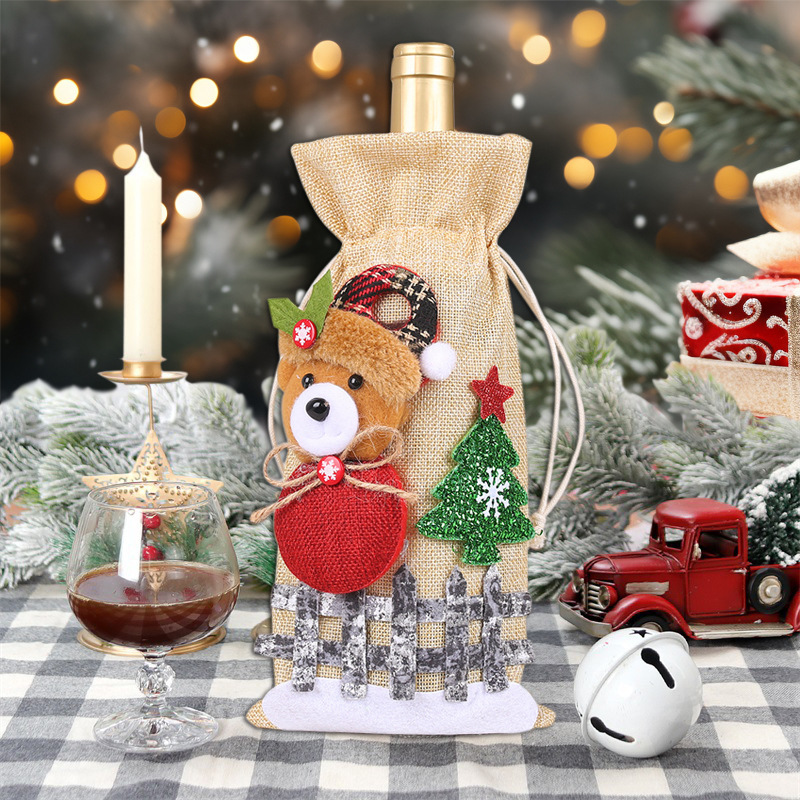 Navidad vinos decoraciones navideñas lino nieve dibujos animados cuerda de dibujo botella de vinos cubierta bolsas de botella de vinos de muñeca