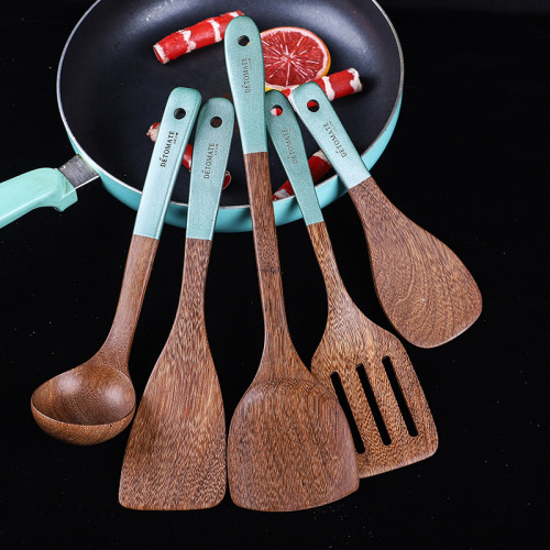 Creative colorful handle kitchen utensils long handle spatula wax-free chicken wing wood spatula wooden spoon set cooking spoon spatula kitchen