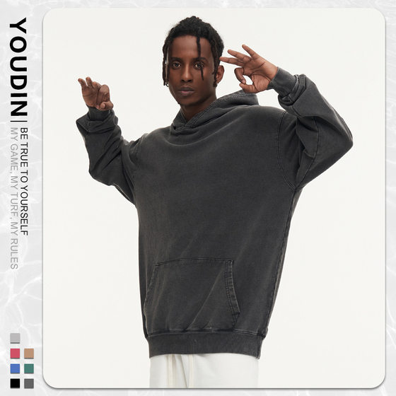 Cross-border wholesale 360G retro distressed hoodie spring and autumn European size loose batik washed distressed hooded sweater