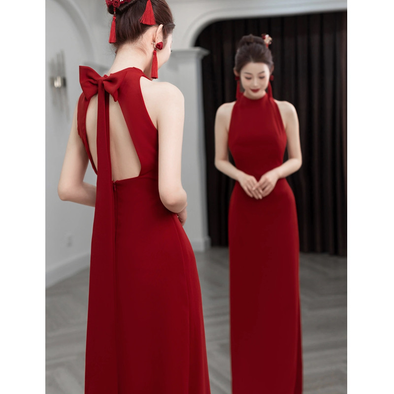 Spring burgundy evening dress for bride with bow