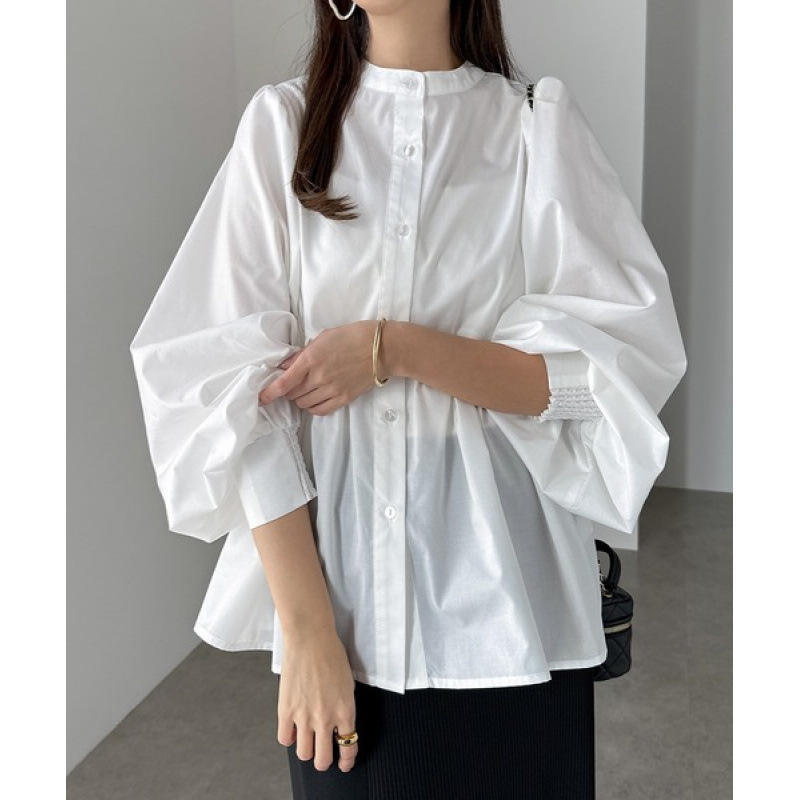 Foreign trade cross-border Japanese and Korean solid color lantern sleeve pleated loose shirt, spring and autumn fashion, reversible, loose and versatile top