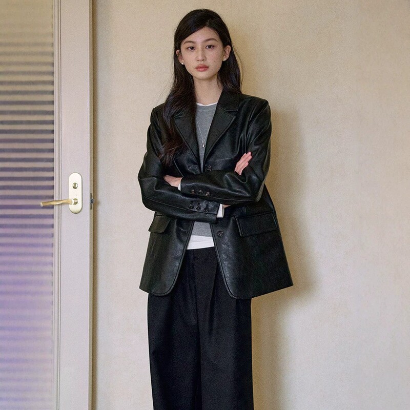 Women's PU leather suit jacket, 2026 spring/autumn collection, loose-fitting leather coat, eco-friendly motorcycle jacket, outerwear