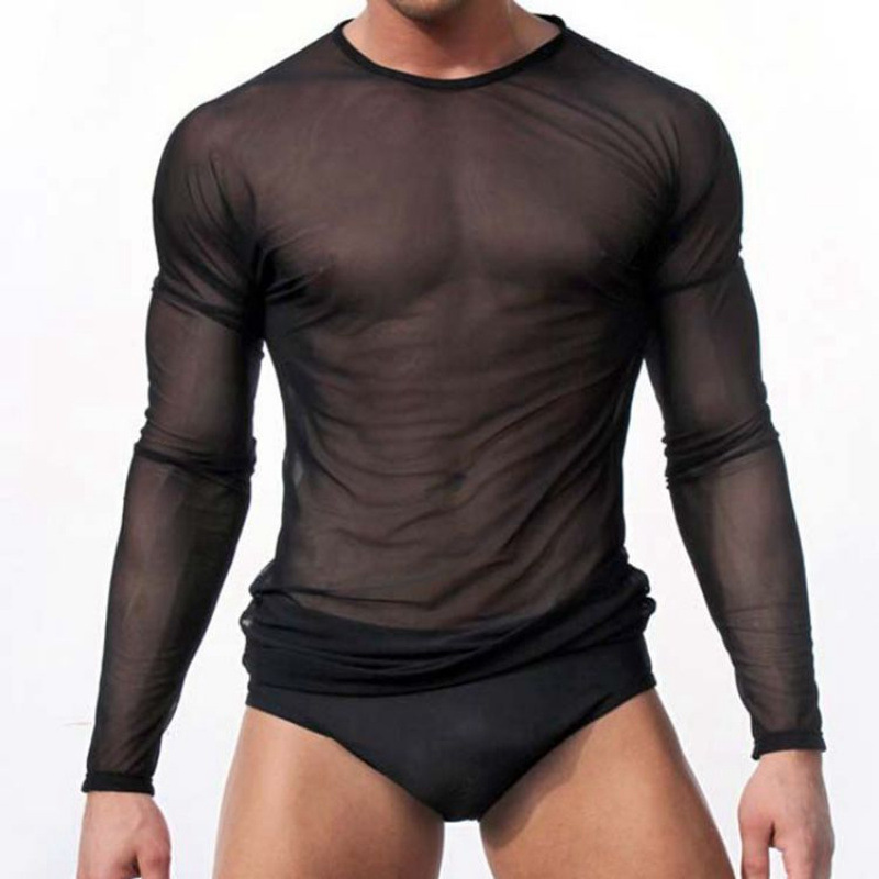 Transparent Mesh Long-Sleeve T-Shirt, Korean Style, Slim Fit, Breathable, Round Neck, 2026 New Casual Slim-Fit Men's Sheer Top