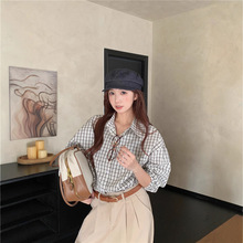 实拍2025秋季新款高级感别致宽松百搭法式格子衬衫韩版女装