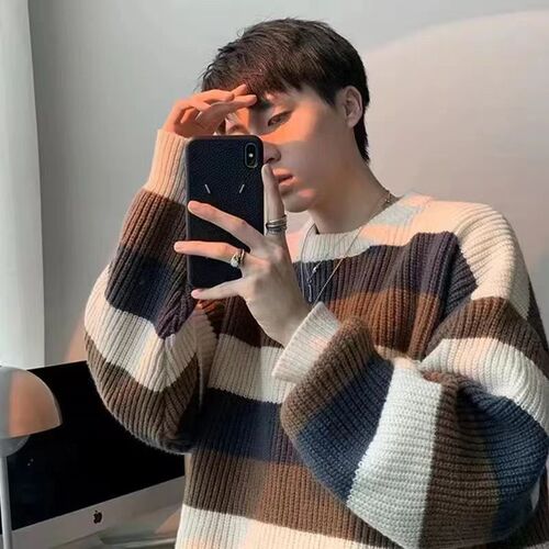 Japanese retro striped loose casual men's winter 2024 Hong Kong-style versatile minimalist round neck knit sweater