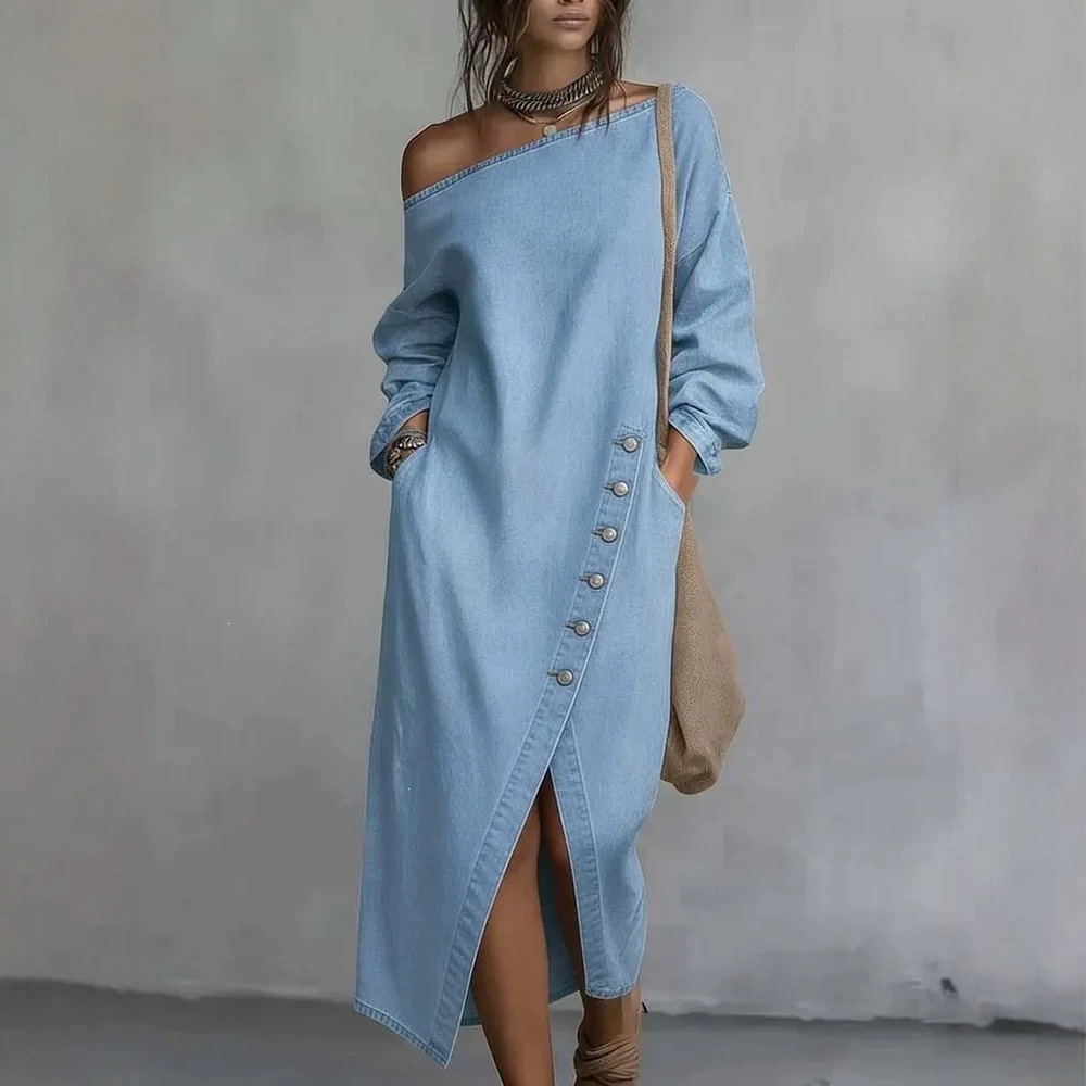 2026 European and American cross-border bestseller on Amazon: Asymmetrical one-shoulder loose-fitting denim dress with buttons and slit, elegant style