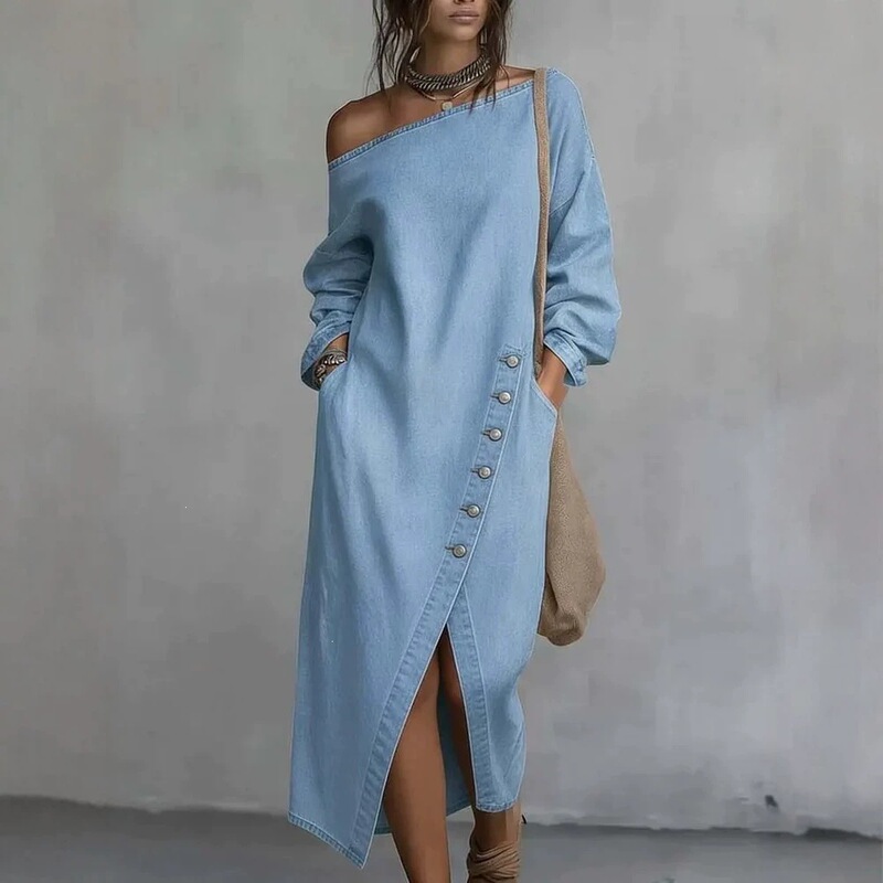 2026 European and American cross-border bestseller on Amazon: Asymmetrical one-shoulder loose-fitting denim dress with buttons and slit, elegant style 2026 European and American cross-border bestseller on Amazon: Asymmetrical one-shoulder loose-fitting denim dress with buttons and slit, elegant style