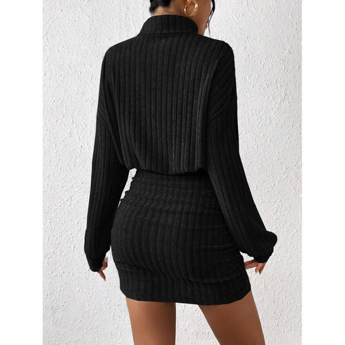 European and American women's autumn/winter slim-fit fashion ribbed high-neck hip-hugging long-sleeved dress