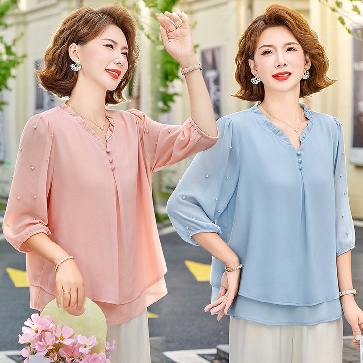 Fashionable casual men's summer thin chiffon three-quarter sleeve top, elegant loose plus-size women's clothing
