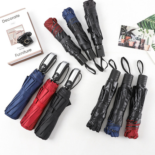 Three-fold automatic umbrella, custom wholesale, foldable advertising umbrella with logo print, sun protection, UV-resistant, extra-large size, suitable for both sunny and rainy days, black coated.