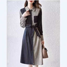 法式长袖连衣裙女春季日韩新款时尚条纹收腰显瘦韩版减龄衬衫裙