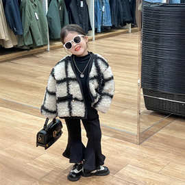 女童网红外套2023冬款韩版女宝宝时髦格子羊羔毛棉衣加厚保暖外套