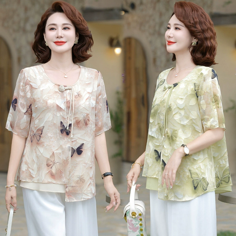 Мама летняя шифоновая рубашка модная иностранная женщина среднего и пожилого возраста летняя рубашка с короткими рукавами
