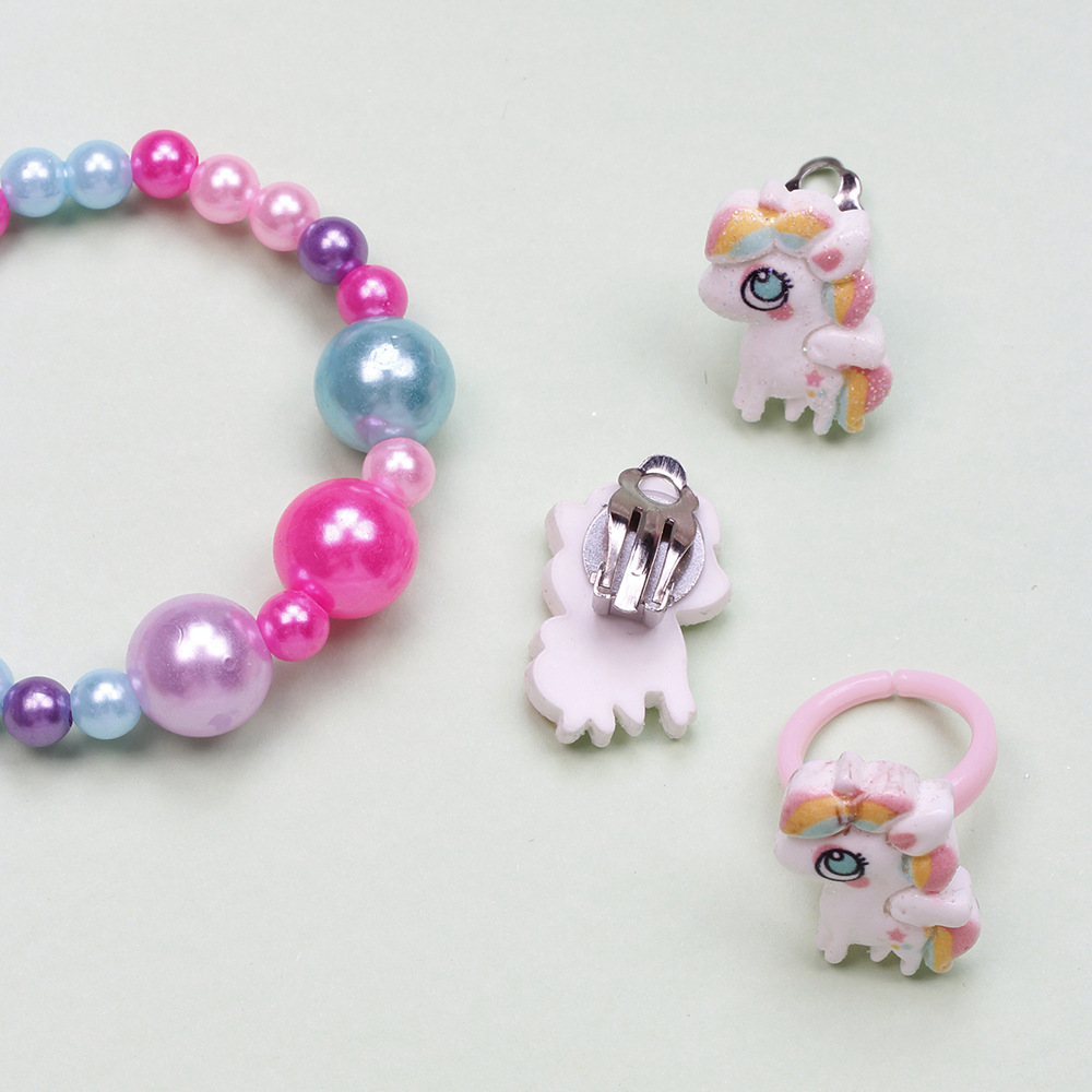 Cute Unicorn Crown Resin Beaded Rings Earrings Necklace 1 Set