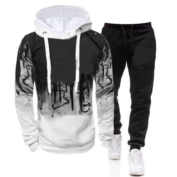 2020 New Men's Hooded Splash Ink Printed Fashion Trendy Sweat Long Sleeve Fleece Hooded Sports Sweat Set