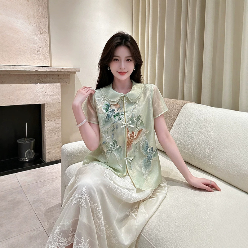 Yingci Yunshang｜Cuiyu Elegant New Chinese Style Embroidered Vest Shirt for Women, Summer Thin Embroidered National Style Top