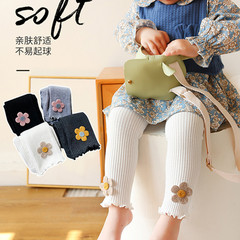 2023 spring new style, thin vertical stripes, sunflower ears, children's nine-point pants, girls' leggings with openable flaps