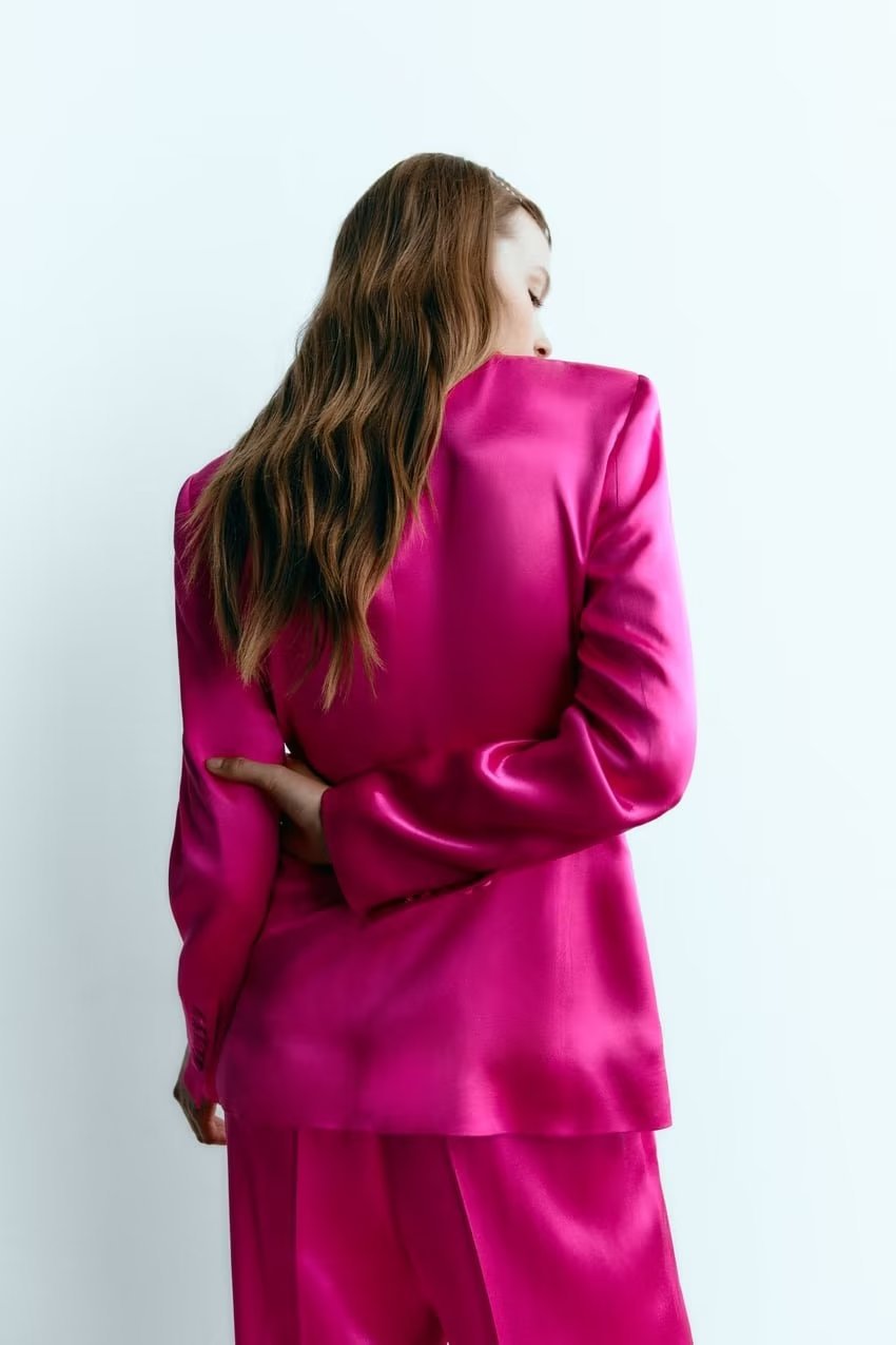 solid color bow silk satin texture long sleeve suit jacket NSAM135771