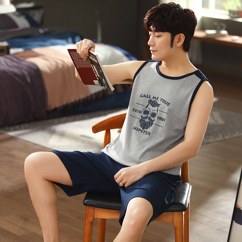 [personalizada] pijamas de verano de algodón de manga corta de dos piezas chaleco casual delgado ropa de hombre se puede usar fuera