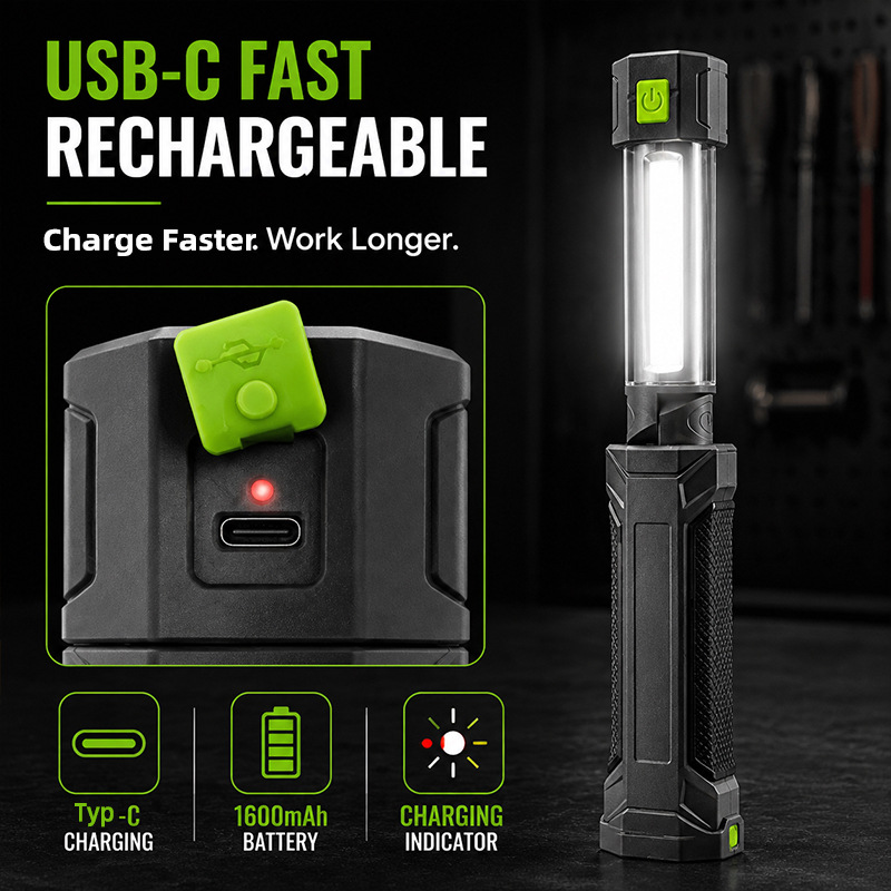 Cross-Border Cob Pull-Out Auto Repair Work Light Led Rechargeable Emergency Auto Repair Light Strong Light Magnetic Auto Repair Work Light