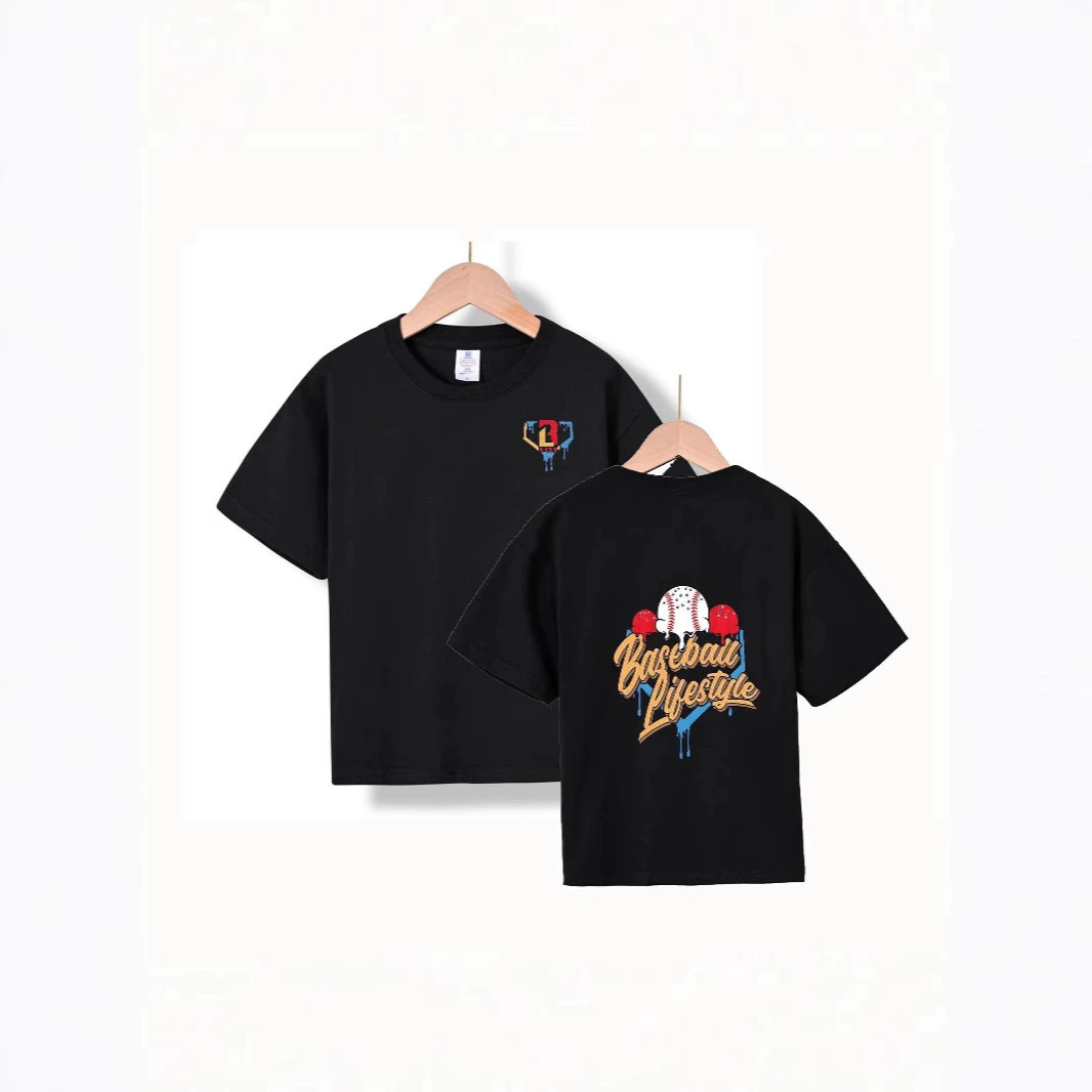 Летний комплект для родителей и детей из чистого хлопка, 220 г, компактный сатин, с небольшим спущенным плечом, бейсбольный принт, универсальный стиль