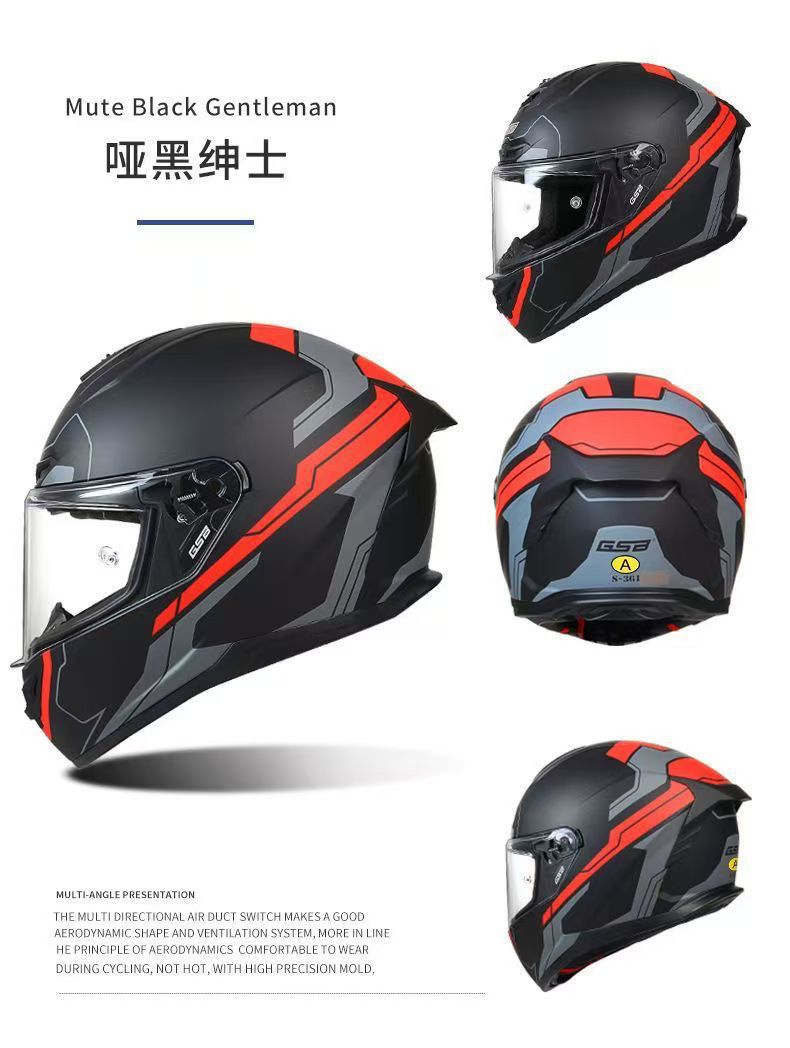 Gsb-S361-Motorcycle Full-Face Helmet, Imitation Racing Helmet Shape, Breathable and Ventilated Lining, Suitable for All Seasons, with Reserved Earphone and Eye Slots