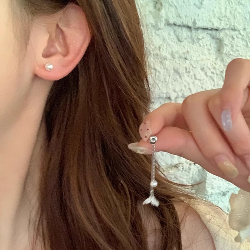 适合圆脸的两戴式耳饰鱼尾流苏珍珠耳钉女轻奢高级感气质大气耳环|undefined