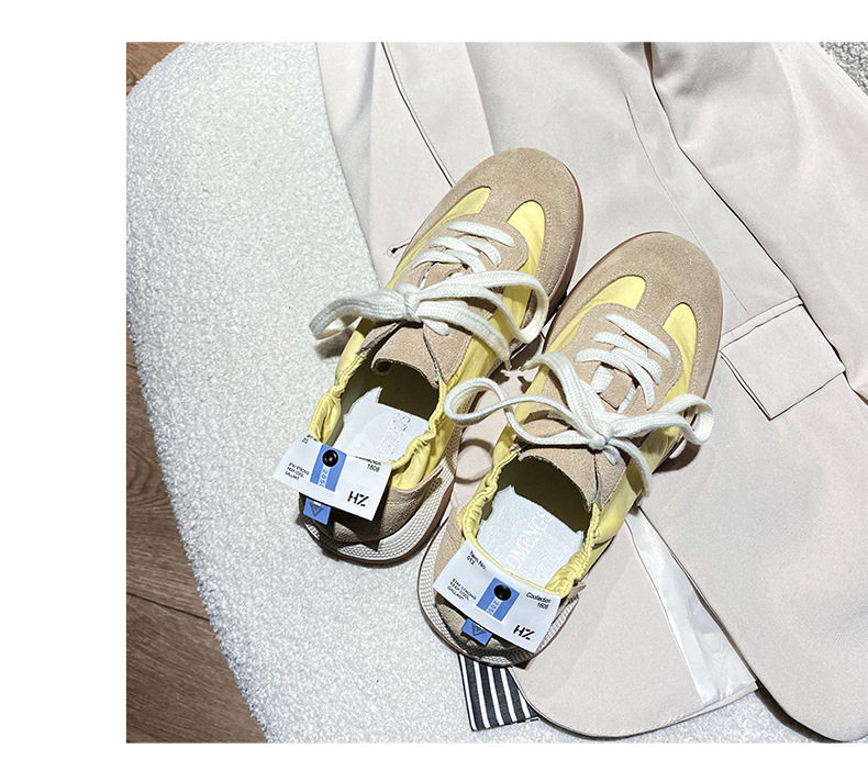 Giày sneaker nữ da thật phối lưới kiểu ballet, đế cao su chống trượt, dây buộc — Màu hồng, Màu mơ, Màu vàng chi tiết 34