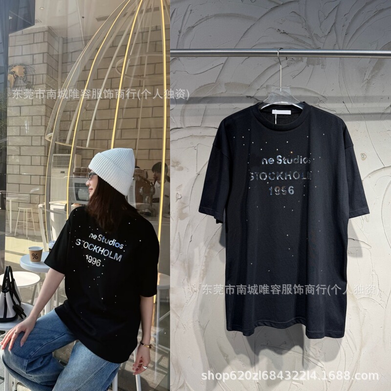 High-End Version Ac Brand Silver Foil 1996 Lettering Rhinestone Short-Sleeve Unisex T-Shirt Loose Casual Top Trendy Cross-Border High-End Version Ac Brand Silver Foil 1996 Lettering Rhinestone Short-Sleeve Unisex T-Shirt Loose Casual Top Trendy Cross-Border