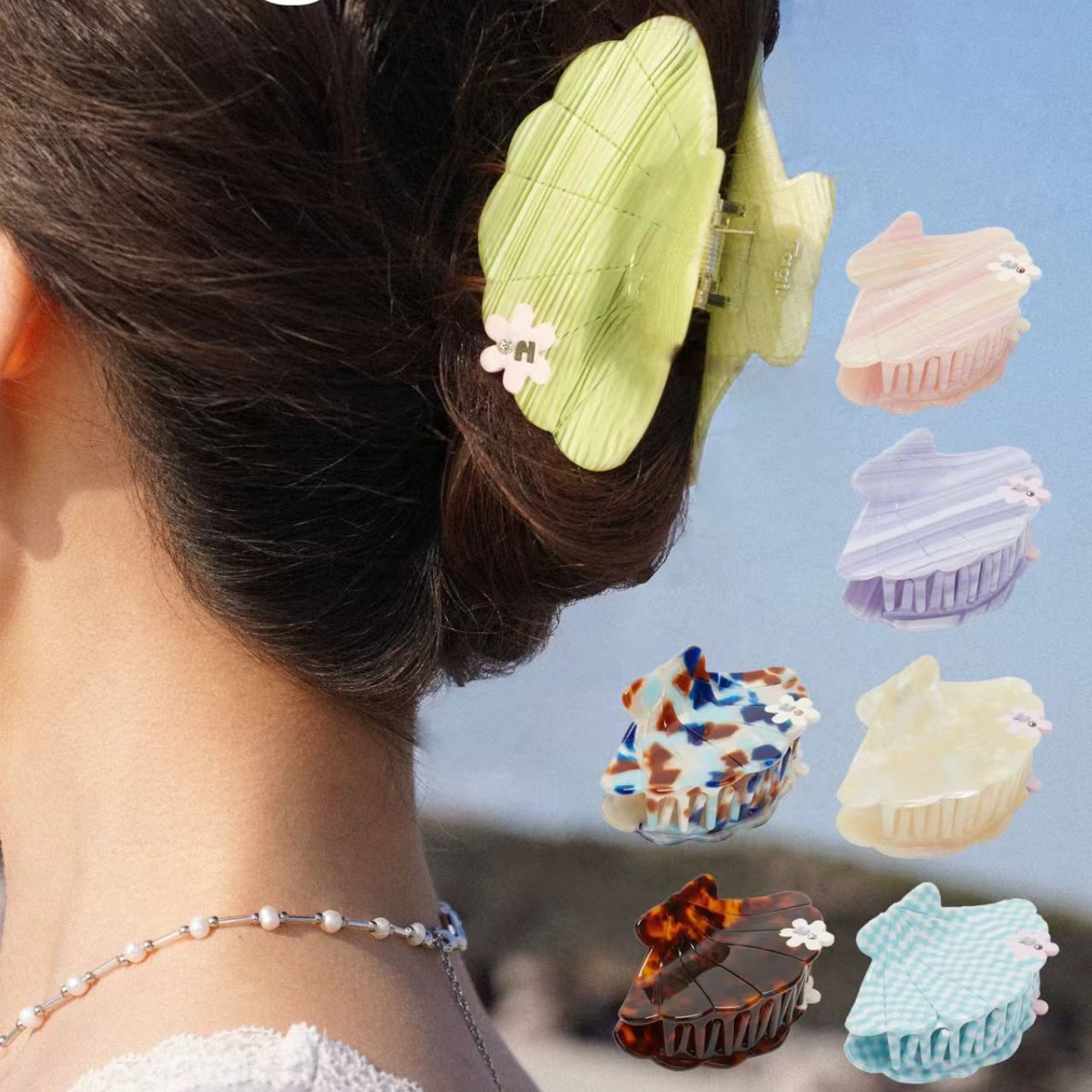 Tagi Imagine Shell Flower Acrylic Acetate Plate Diamond Inlaid Seamless Shark Clip Hair Accessory