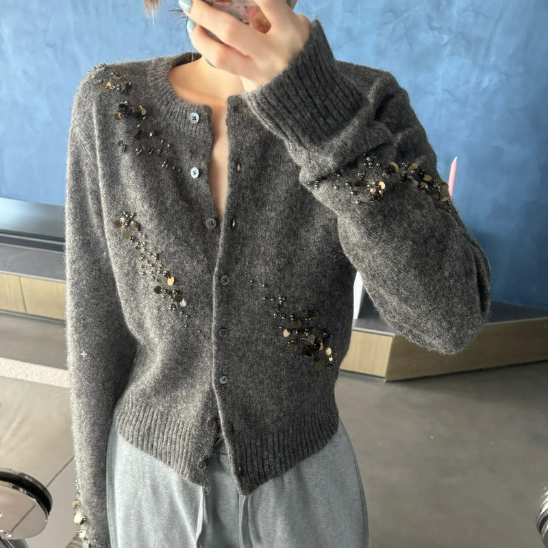 26 Autumn/Winter New Handmade Beaded Sequin Wool Cardigan Soft Round Neck Gray Fashionable Women's Sweater with Shoulder Pads