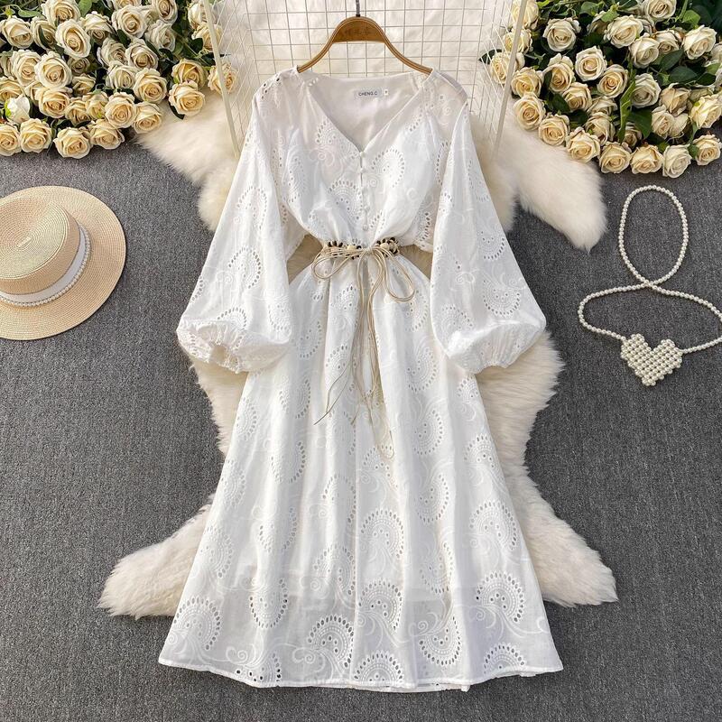 Bohemian Resort-Style Crochet Hollow-Out V-Neck Lantern Sleeve Waist-Cinching Slimming A-Line Over-The-Knee Long Dress